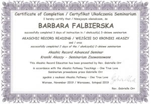 Certyfikat Kroniki Akaszy Barbara Falbierska